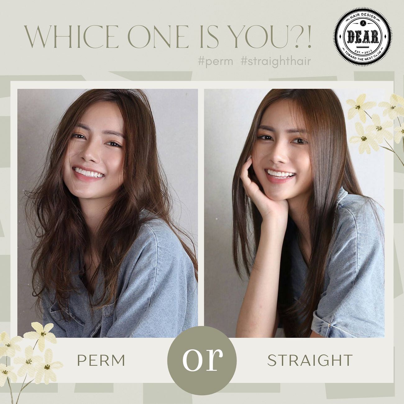 「​PREM」or「STRAIGHT」ทุกคนชอบสไตล์ไหนมากกว่ากัน?  PREM หรือการดัดผมเปลี่ยนลุคให้คุณได้อย่างง่ายๆ
ดัดทั้งเส้นจะยิ่งทำให้ดูเป็นสาวน่ารัก หรือดัดเพียงผมหน้าม้าก็ให้ลุกสาวชิวๆ ดูแพงค่ะ  STRAIGHT หรือการยืดผมจะให้ลุคสวยเรียบแบบผู้ใหญ่  แม้จะเป็นสไตล์เรียบๆ หากเพิ่มความเงางามให้เส้นผม จะยิ่งดึงความเป็นผู้หญิงออกมาได้มากขึ้นค่ะ
และข้อดีคือสามารถจัดทรงและดูแลผมงอนได้ง่ายค่ะ  มาค้นหาสไตล์ที่ใช่คุณกับ DEAR กันเถอะ!  สามารถจองคิวได้ทุกช่องทาง  ️022586780
 LINE (ภาษาไทย): https://lin.ee/2zj0vkgxB (@dear_hair_th)
 LINE (日本語): https://lin.ee/4V9ZmH84F (@dear_hair)
🖥 Website : www.dear-hair-design.com
.
#bangkokhairsalon #hairsalon #cut #treatment #haircut #promphong #haircolor #hairfashion #hairstyle #hair #perm #thinhighlight #ร้านทำผมแนะนำ #ร้านทำผมกรุงเทพ #ร้านทำผมพร้อมพงษ์ #ร้านทำผมสุขุมวิท #แนะนำร้านทำผม #ร้านทำผมสไตล์ญี่ปุ่น #ซาลอน #ร้านตัดผม #สีผม #สีผมสวย #สีผมญี่ปุ่น #สีผมแฟชั่น #ตัดผม #ทำสีผม #สีผมไฮไลท์ #สีผมสวยๆ #ดัดผมสไตล์ญี่ปุ่น