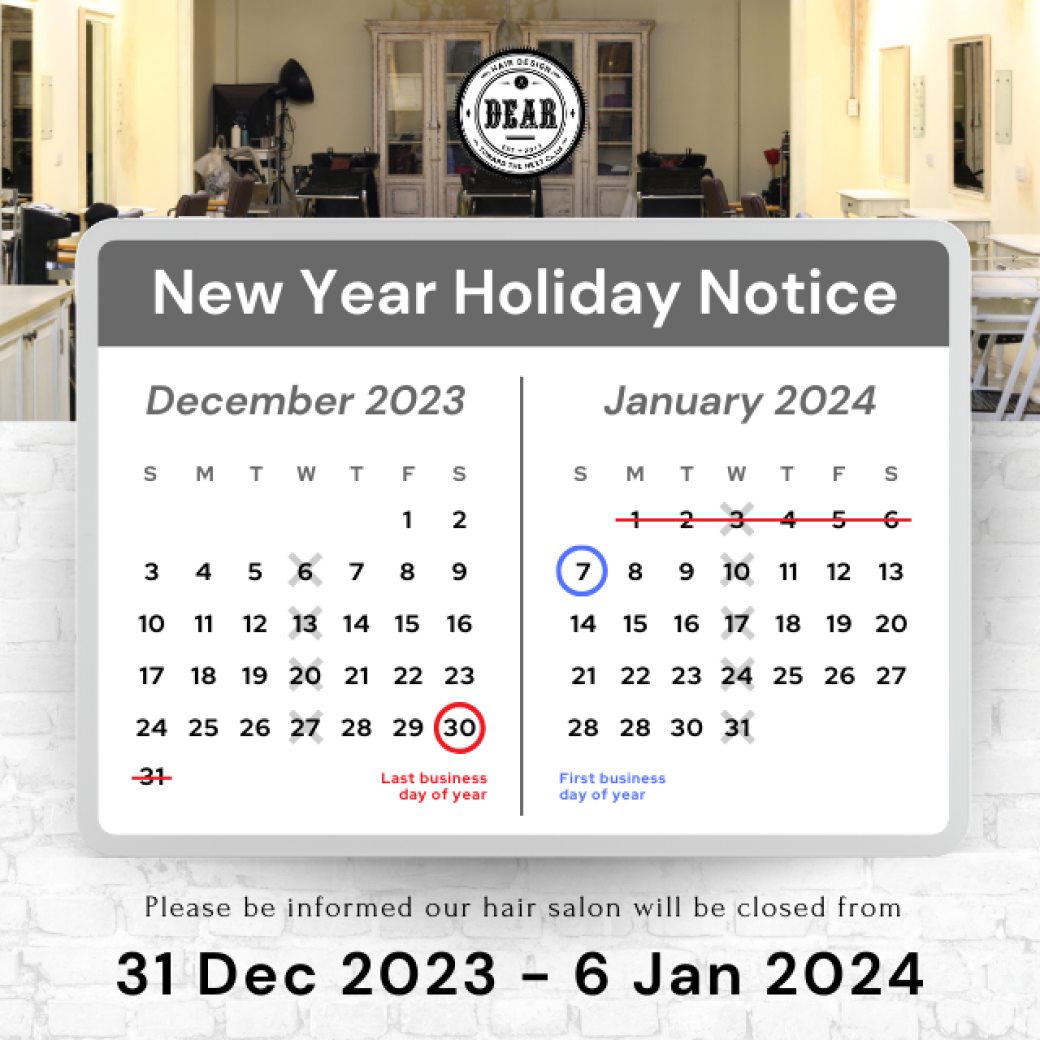 ประกาศวันหยุดช่วงเทศกาลปีใหม่ 
ขอบคุณลูกค้าทุกท่านที่มาใช้บริการร้าน DEAR HAIR DESIGN ตลอดมา
ร้านจะหยุดให้บริการตั้งแต่วันที่ 31 ธันวาคม 2023 ถึง 6 มกราคม 2024 และจะเปิดให้บริการตามปกติในวันที่ 7 มกราคม 2024 ค่ะ️
.
 ทั้งนี้ช่วงวันหยุดจะไม่มีการตอบข้อความนะคะ
 หากลูกค้าต้องการจองคิวสำหรับช่วงสิ้นปีและปีใหม่ รบกวนรีบจองก่อนนะคะ 
.
ลูกค้าสามารถจองคิวหรือสอบถามเพิ่มเติมได้ทุกช่องทางเลยนะคะ
.
️ 022586780
 LINE (ภาษาไทย) : @dear_hair_th
 LINE (日本語) : @dear_hair
🖥 Website : www.dear-hair-design.com