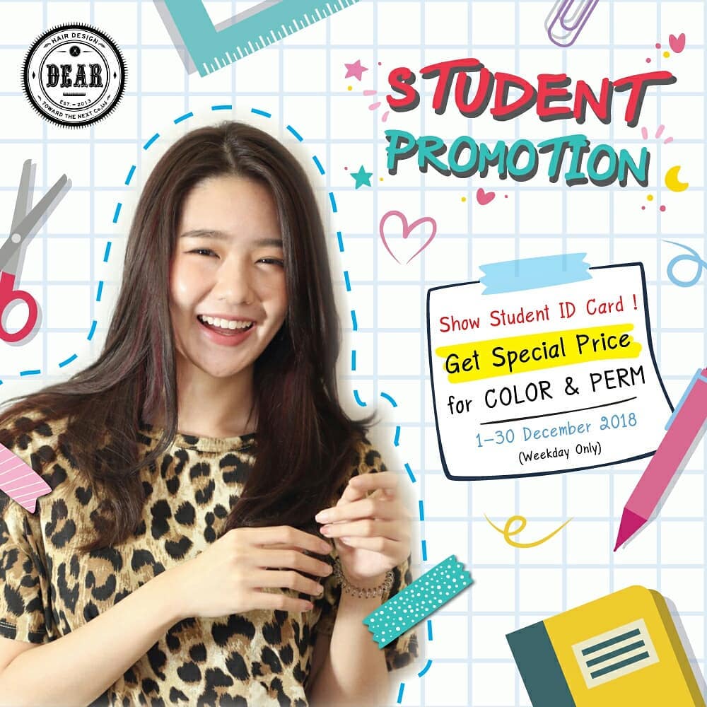 Promotion of December 
(1-30 December)
.
 College Student Promotion ❣
Weekdays only  Color 1,680 Baht, Perm 2,480 Baht, Color & Perm 3,800 Baht 
 If you wouldn’t like to get a haircut, we will charge 500 Baht for shampoo & blow dry.
 Please show your student ID, when you came in.
 Please check in and tag us on your IG or FB.
.
*Bleach, Double color, and Highlight would have an extra charge.
.
In addition, the customers who visit us now would get a 20% off coupon that can be used from next time ♪ (the coupon can be used until the end of February 2019) .
We hope to see you soon. ----------------------------------------------
 Booking: 02-662-5069
 Line@(日本語): @dear_hair
 New! Line@(ภาษาไทย/English): @dear_hair_th
 IG: dearhairdesign
 Open: Mon-Fri 9:00-17:30/Sat-Sun 10:00-18:30
 Close: Every Wednesday
 Website: www.dear-hair-design.com  #dearhairdesign #sukhumvit39 #btsprompongstation #bangkok #thailand #japan #hairstyle #hairdesign #student #perm #color #discount #prommotion #women #december