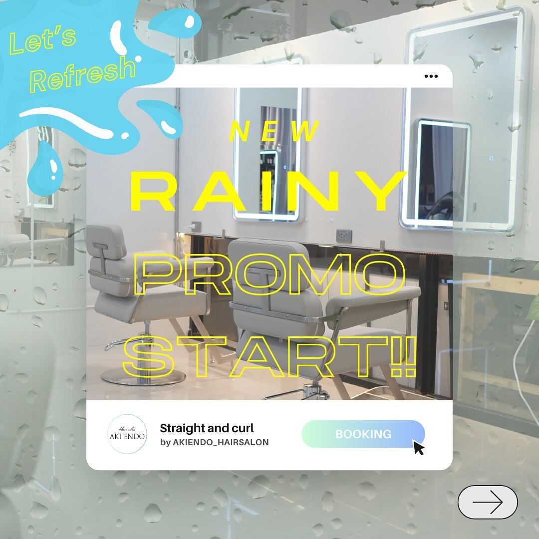 🌧️โปรโมชั่นพิเศษช่วงหน้าฝน!🌧️  เบื่อกับการจัดการผมชี้ฟูในวันที่ฝนตกใช่ไหม? ให้เราช่วยดูแลผมของคุณด้วยข้อเสนอพิเศษในช่วงหน้าฝนนี้!‍♀️  เฉพาะช่วงเวลานี้เท่านั้น! บริการยืดผมถาวรและดัดผมในราคาพิเศษ!  รีวิวจากลูกค้า:
“ผมเรียบลื่นแม้ในวันที่ฝนตก พอใจมาก!”
“ผลลัพธ์ระดับมืออาชีพในราคาพิเศษ น่าทึ่งมาก!”  จองคิวของคุณตอนนี้! ที่นั่งมีจำนวนจำกัด.  #โปรโมชั่นหน้าฝน #ราคาพิเศษ #ยืดผมถาวร #ดัดผม #ดูแลผม #ร้านเสริมสวย #แก้ปัญหาวันฝนตก  สำหรับรายละเอียดและการจอง เช็คที่ลิงก์ในโปรไฟล์ของเรา!
————-
🌧️Rainy Season Special Promotion!🌧️  Tired of dealing with frizzy hair on rainy days? Let us help you manage your hair with our exclusive rainy season offer!‍♀️  For a limited time, get special prices on our straight perm and perm services!  Customer Reviews:
“My hair stays sleek even on rainy days. So happy with the results!”
“Professional results at a special price, amazing!”  Book your appointment now! Limited slots available.  #RainySeasonSpecial #SpecialPrice #StraightPerm #Perm #HairCare #Salon #RainyDaySolution  For details and bookings, check the link in our profile!