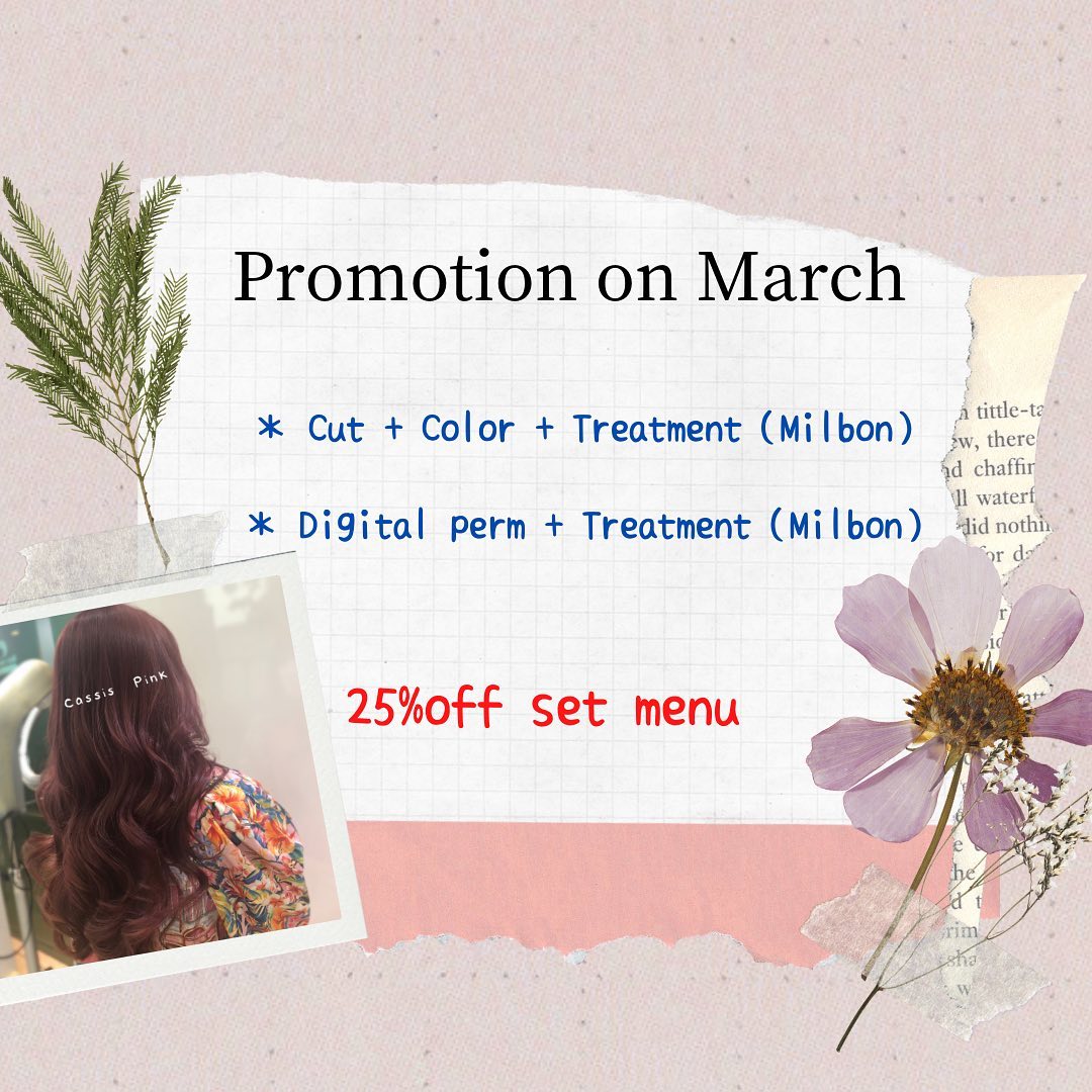 Promotion on March 
This set menu is 25% off  Cut + Color + Treatment(Milbon) + SodaSpa  Digital perm + Treatment(Milbon) + SodaSpa
…………………………
ร้าน Hair Room Sora 299/7 ชั้น1, Sukhumvit Living Town, ซอยสุขุมวิท21(อโศก)
️ 02-169-1622
 Line : @575zzlqc (มี @)
️** บัตรเครดิตขั้นต่ำ 2000 บาท **
#Hairroomsora #Hairroomsorabangkok #🤖 #Hairstyle #Sukhumvitlivingtown #sukhumvit21 #Japanesesalon #DigitalPerm #デジパ #ヘアールームソラ #fashioncolor #ร้านซาลอนญี่ปุ่น #ซาลอน #ทำผมรับปริญญา #ทำผมออกงาน #รับทำผม #ดัดดิจิตอล #ยืดผม #ย้อมผม #Repost