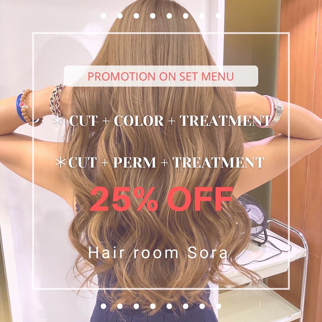 Promotion  November  This set menu is 25% OFF️  Cut + Color + Treatment  Cut + Perm + Treatment  by Thai hair dresser
…………………………
ร้าน Hair Room Sora 299/7 ชั้น1, Sukhumvit Living Town, ซอยสุขุมวิท21(อโศก)
️ 02-169-1622
 Line : @575zzlqc (มี @)
️** บัตรเครดิตขั้นต่ำ 2000 บาท **
#Hairroomsora #Hairroomsorabangkok #🤖 #Hairstyle #Sukhumvitlivingtown #sukhumvit21 #Japanesesalon #DigitalPerm #デジパ #ヘアールームソラ #fashioncolor #ร้านซาลอนญี่ปุ่น #ซาลอน #ทำผมรับปริญญา #ทำผมออกงาน #รับทำผม #ดัดดิจิตอล #ยืดผม #ย้อมผม #Repost