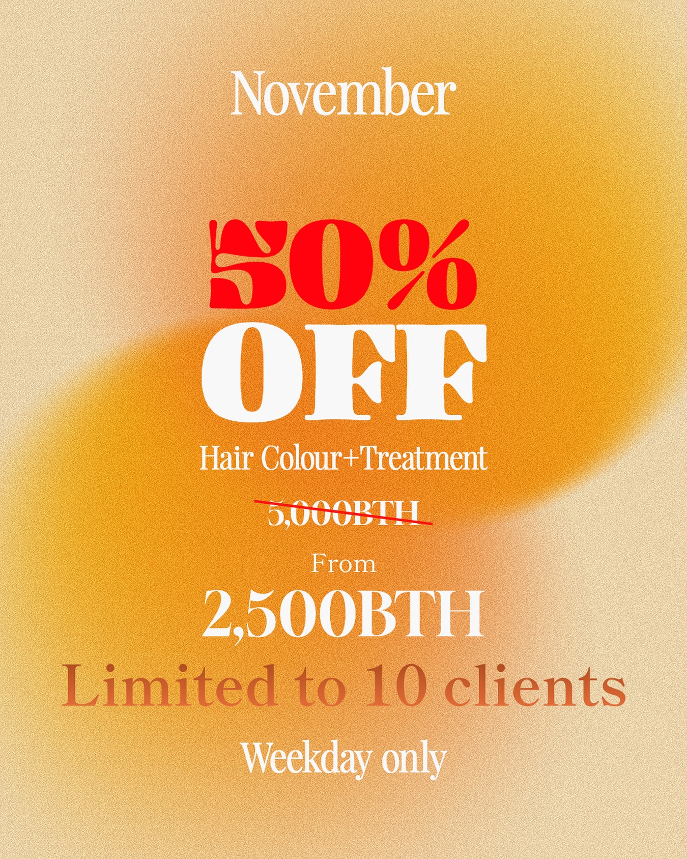 โปรพิเศษเดือนพฤศจิกายน ลด 50%️
ทำสีผม + ทรีตเมนต์ เริ่มต้นเพียง 2,500 บาท (จากปกติ 5,000 บาท) 
จำกัดเพียง 10 ท่านต่อสัปดาห์ สำหรับวันธรรมดาเท่านั้น ♀️  เติมสีผมใหม่พร้อมบำรุงให้เงางามได้เลยตอนนี้!
#CielHairStudio #ร้านทำผมญี่ปุ่น #ร้านทำผมสุขุมวิท #โปรโมชั่นทำสีผม #CielBangkok  ---------  11月限定!50%OFFキャンペーン
ヘアカラー+トリートメントが2,500バーツ〜(通常5,000バーツ)
平日限定・先着10名様のみ!  この機会に髪色とツヤをリフレッシュ♀️
#CielHairStudio #バンコク美容室 #日系サロン #ヘアカラープロモーション #バンコクヘアサロン #2026年バンコク注目日経ヘアサロン  ---------  November Special — 50% OFF!
Hair Colour + Treatment now from 2,500 THB (was 5,000 THB) 
Limited to 10 clients only, weekdays exclusive.  Perfect time to refresh your colour and restore shine ♀️
#CielHairStudio #BangkokSalon #HairPromotion #HairColourBangkok #CielBangkok