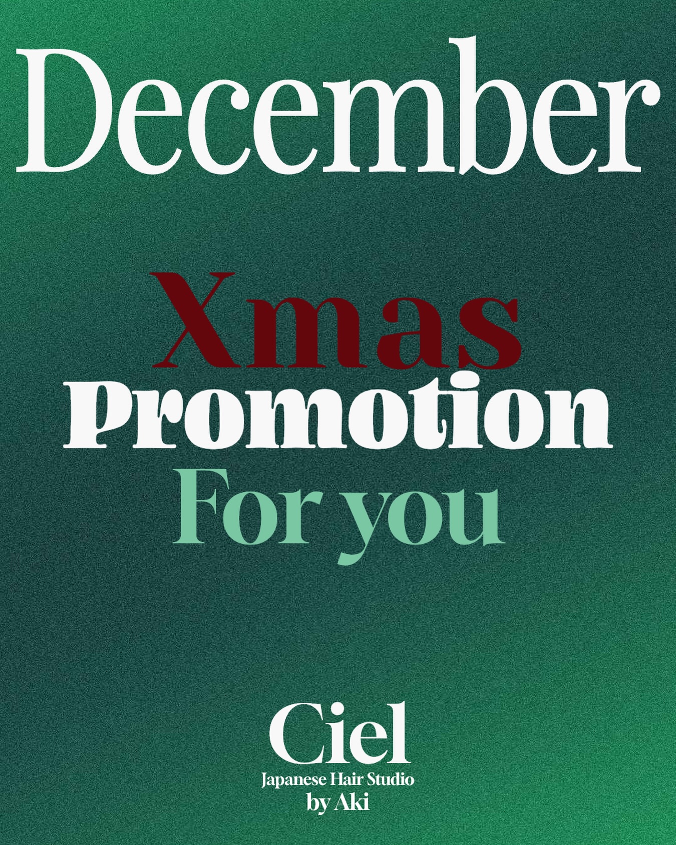 こんにちは
Ciel Japanese Hair Studio です！  12月限定の Xmasプロモーション をご用意しました  最大35%OFF
 カット＋カラー＋トリートメント
 カラー＋トリートメント
 フルブリーチ など  さらに…
 ホームケアトリートメントプレゼント
 新ヘッドスパメニューもスタート！  一年のご褒美に、ぜひこの機会にご利用ください
ご予約お待ちしております
⁡
We are offering a special Christmas campaign — up to 35% OFF!  Cut + Color + Treatment
 Color + Treatment
 Full Bleach
 Free Home Treatment
 New Head Spa menu available  Treat yourself this December!
We look forward to welcoming you⁡
⁡
 ** โปรโมชั่นเดือนธันวาคม **
ทางร้านมีแคมเปญคริสต์มาส ลดสูงสุด 35% ครับ!  ตัดผม + ทำสี + ทรีตเมนต์
 ทำสี + ทรีตเมนต์
 ฟูลบลีช
 แถมฟรี โฮมทรีตเมนต์
 เมนูสปาใหม่ พร้อมให้บริการแล้วครับ  ให้รางวัลตัวเองท้ายปีนี้กันนะครับ
รอให้บริการอยู่ครับ 
⁡
#プロンポン #日経ヘアサロン #Xmas #hair salon